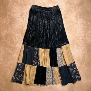 Vintage Patchwork Skirt Maxi Tiered Velour Floral Black Whimsigoth Peasant 90s